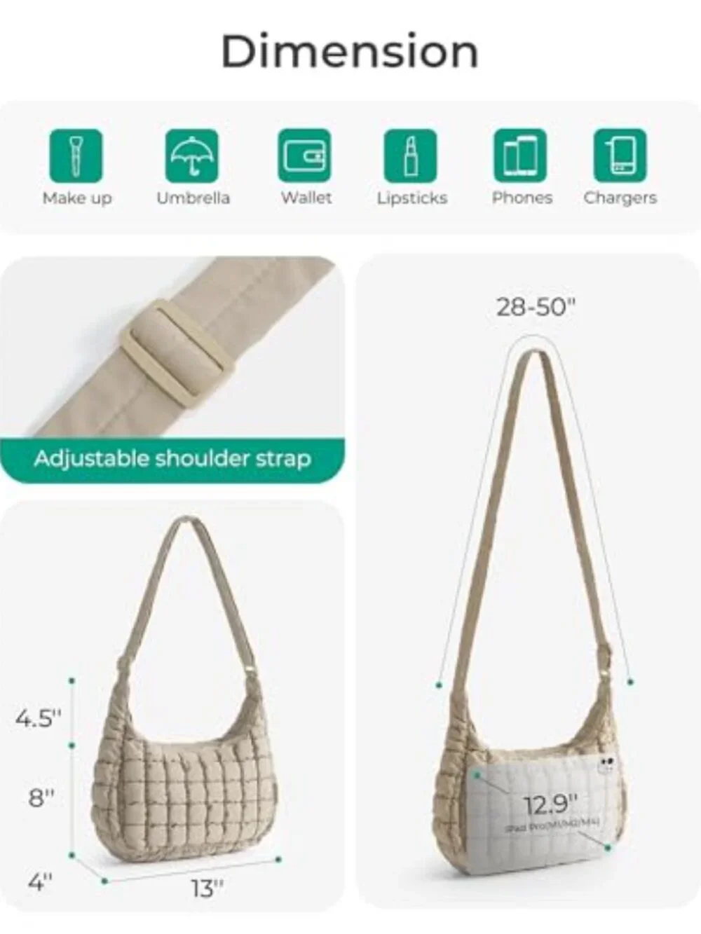 Quilted Hobo Crossbody Purse with Adjustable Strap Fits iPad